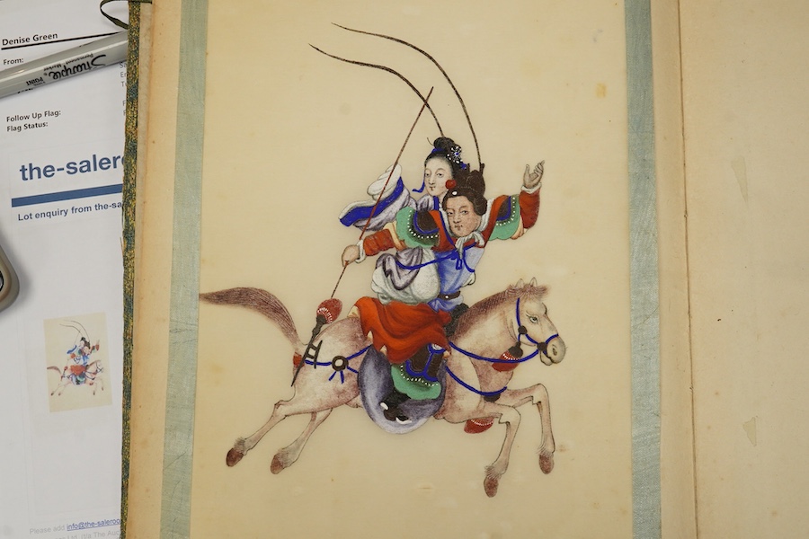 Chinese school, 19th century, an album of ten pith paintings of warriors on horseback